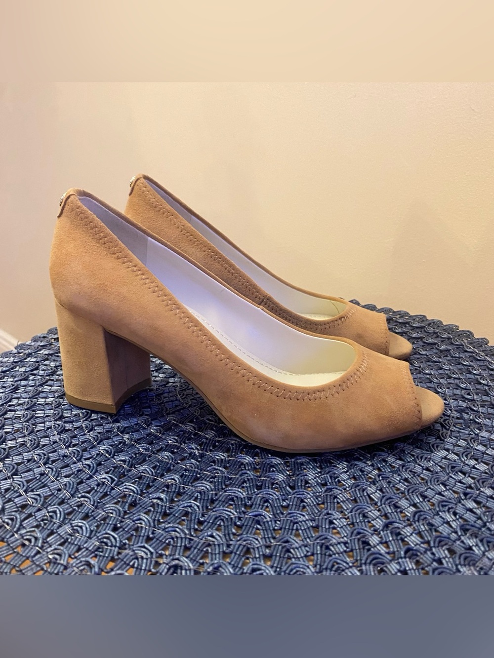 Anne Klein Tan Suede Peep-Toe Block Heels